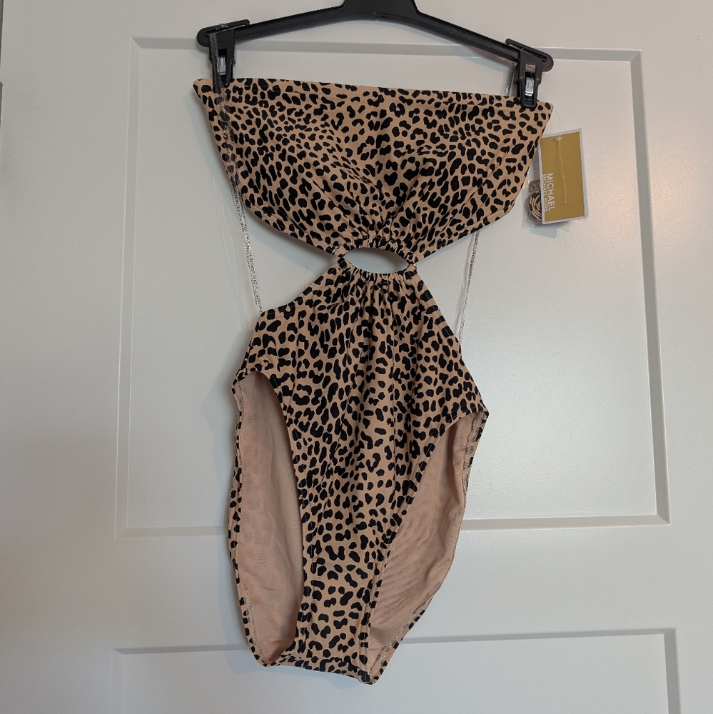 Michael Kors Leopard Print One Piece With Cutout and Gold Tone Accents NEW